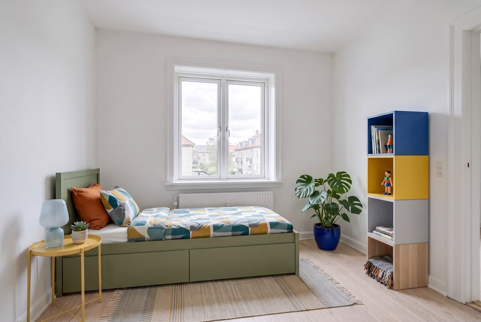 Bedroom staged with virtual staging software in Scandinavian style