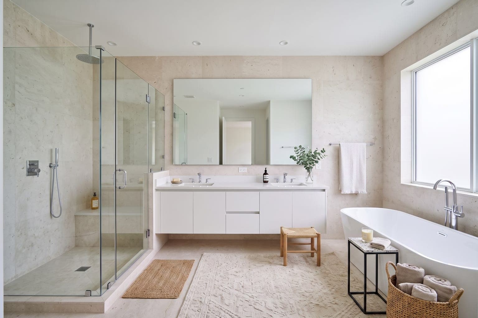 Bathroom virtually staged with AI - folded towels, bath mat, stool, plants and vanity decor, tile and fixtures unchanged