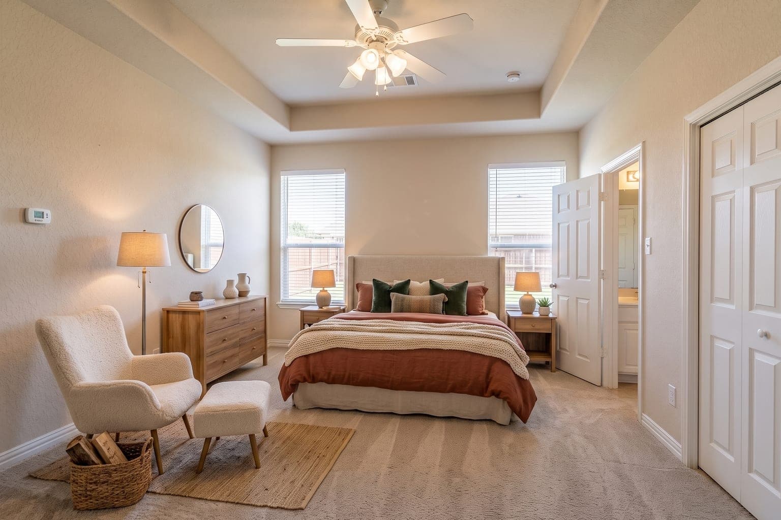 Primary bedroom virtually staged with AI - upholstered bed with terracotta bedding, dresser, two armchairs, nightstand lamps and a rug