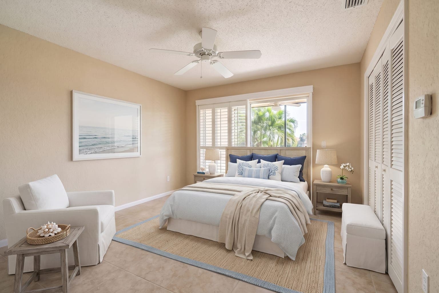 Condo bedroom virtually staged with AI in coastal style - upholstered bed, navy-and-white layers, slipcovered armchair and bench