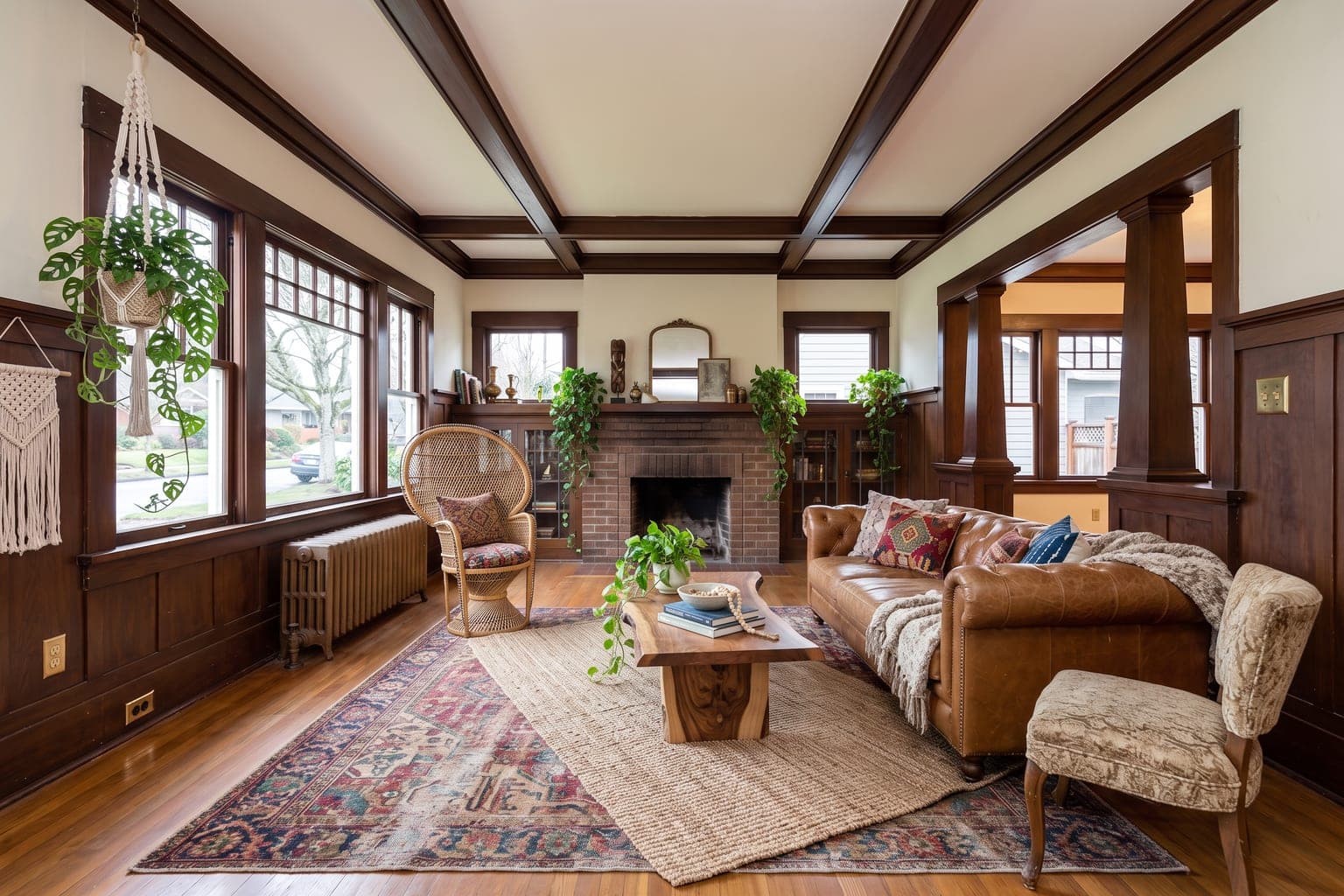 Craftsman living room virtually staged with AI in bohemian style - layered rugs, rattan chair, plants and earthy textiles