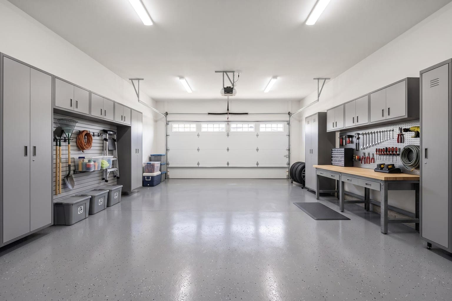 Garage virtually staged with AI as an organized workshop - gray cabinets, workbench, pegboard and tool storage