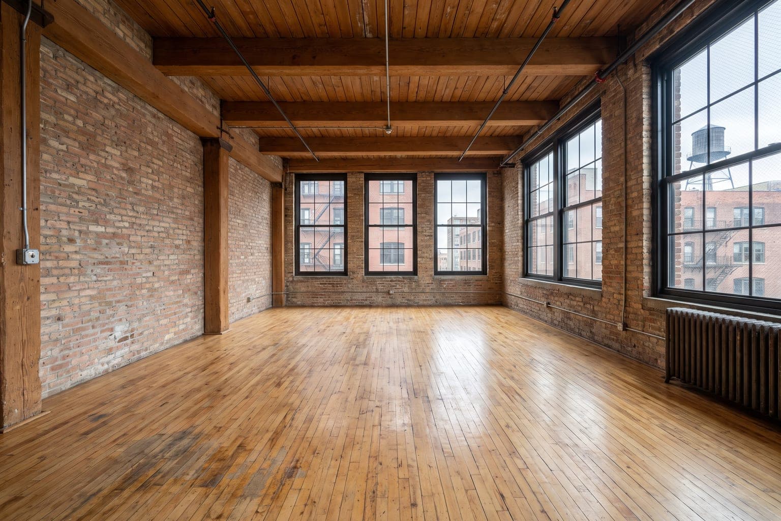 Empty converted-warehouse loft before virtual staging - exposed brick, steel factory windows, timber beams, maple floor