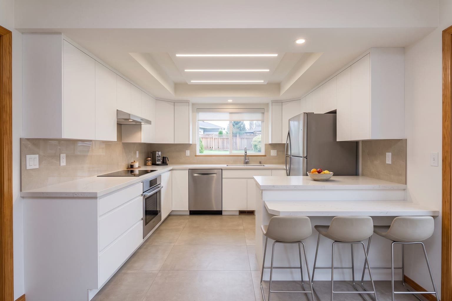 Kitchen after AI renovation visualization - new cabinetry, quartz counters, tile backsplash and updated flooring, layout unchanged