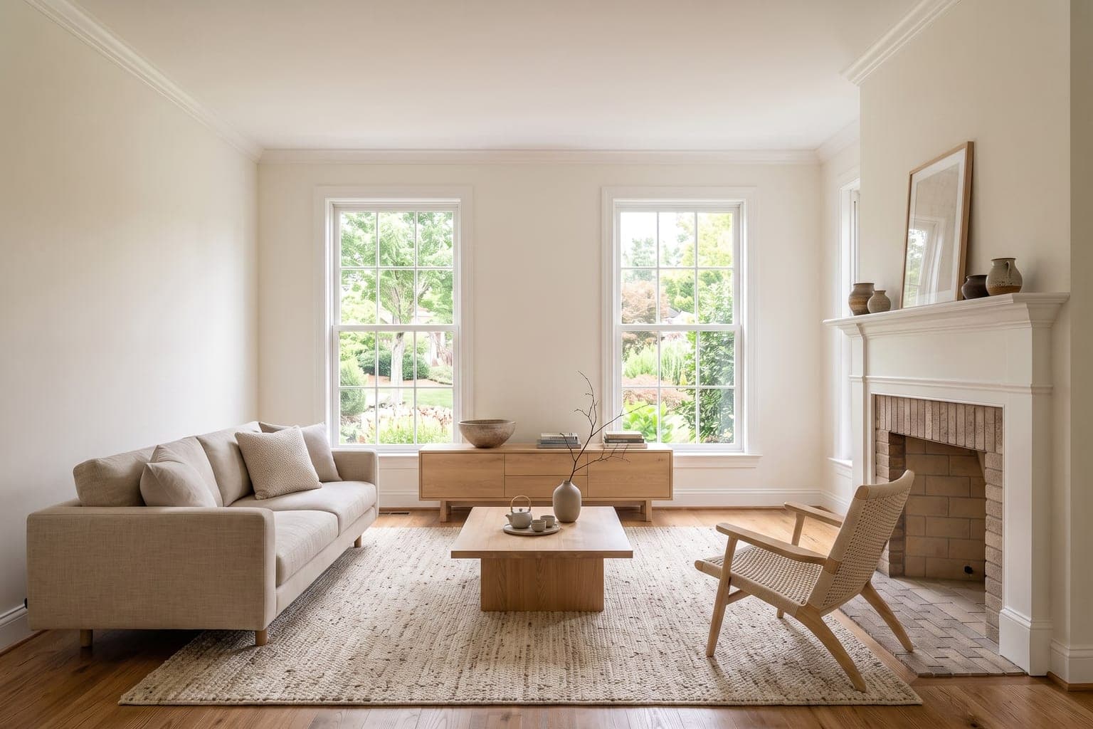 Living room virtually staged with AI in modern style - beige sofa, oak coffee table, rattan chair and a wool rug