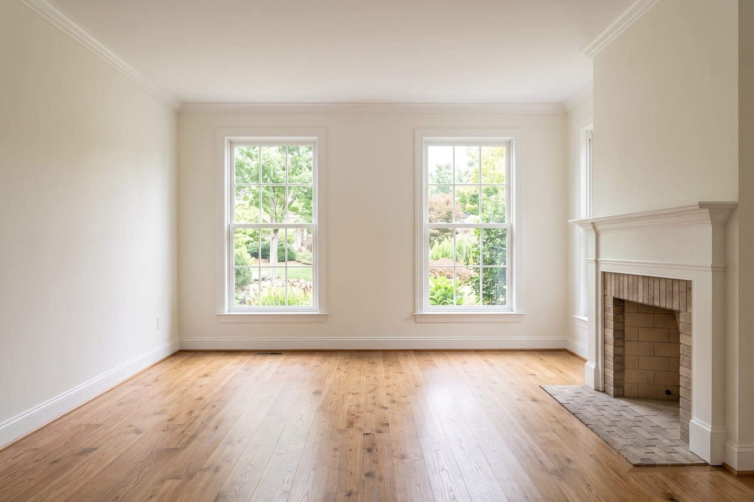 Empty living room before virtual staging - light oak floor, white fireplace, two tall windows