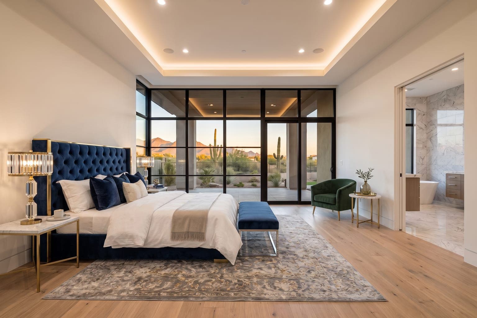 Primary suite virtually staged with AI in luxury style - navy velvet bed, upholstered bench, brass lighting, accent chair and a large rug