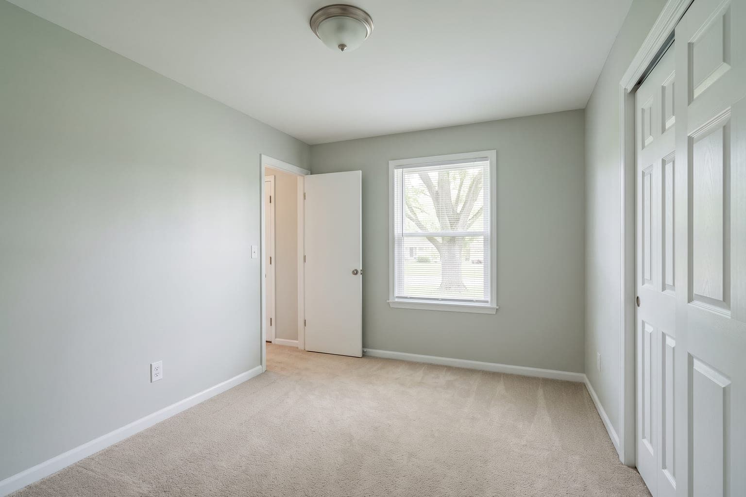 Empty small bedroom before virtual staging - pale sage walls, beige carpet, one window, closet door