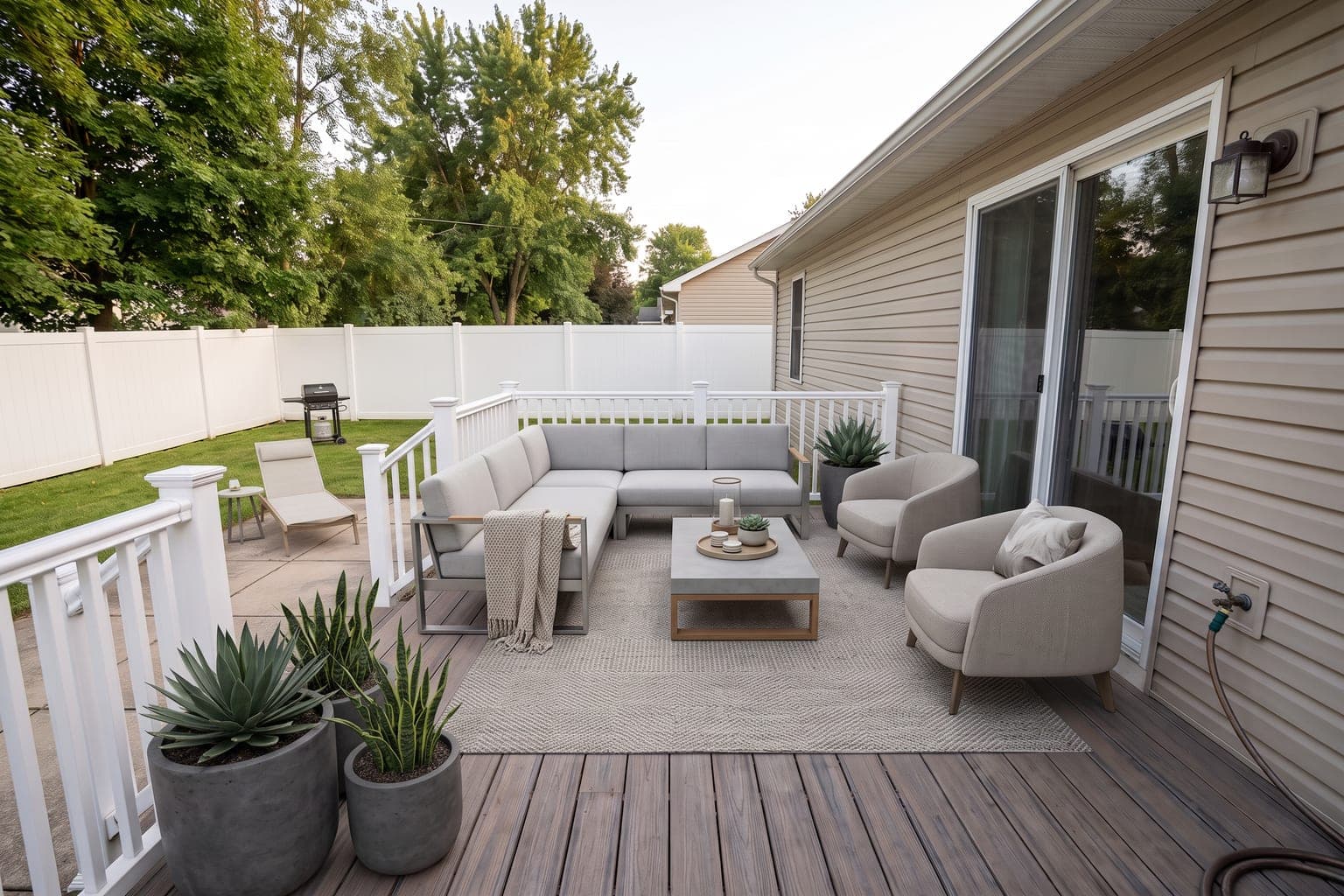 Backyard deck virtually staged with AI - weatherproof sectional, two lounge chairs, coffee table and planters
