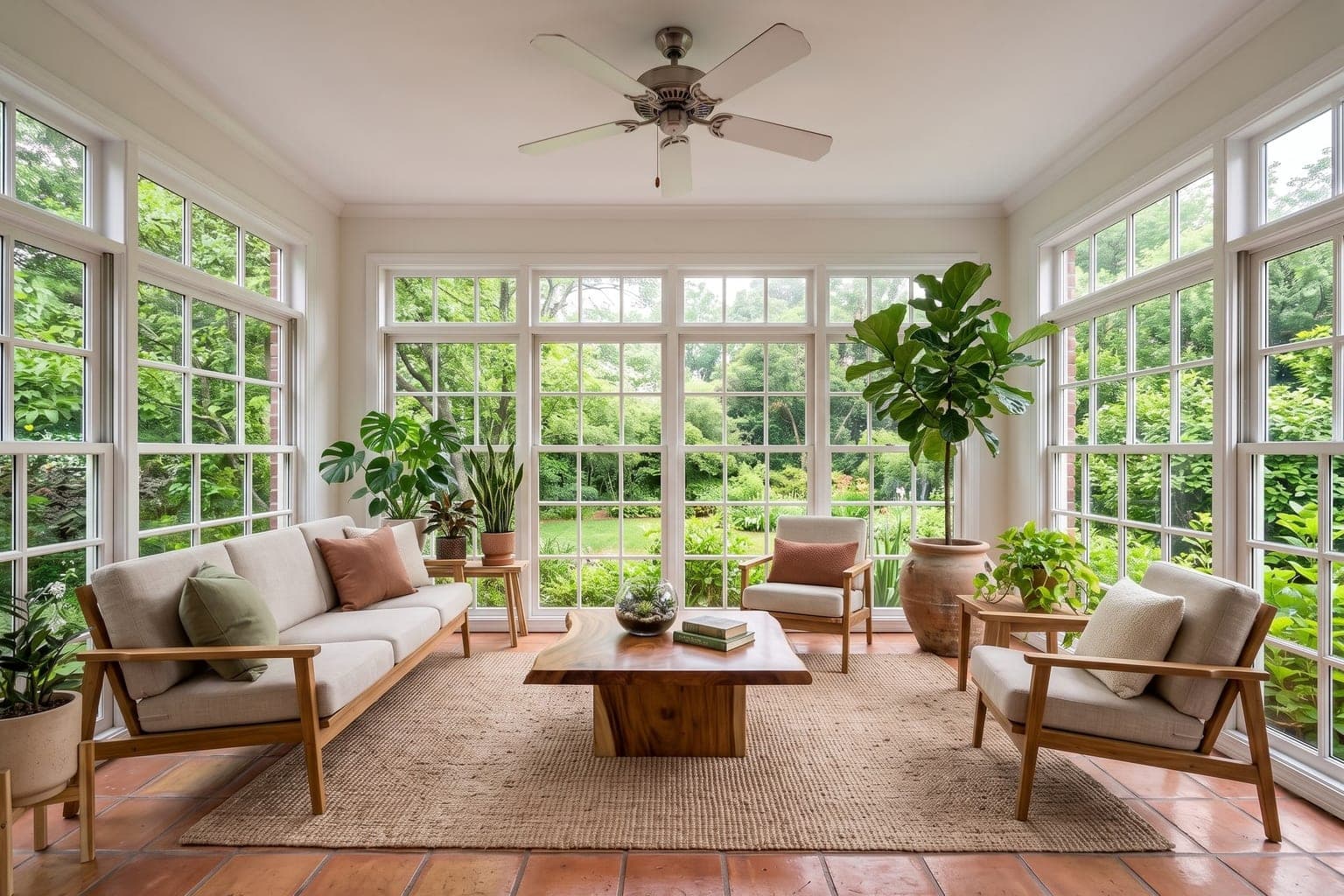 Sunroom virtually staged with AI - wood-frame sofa and armchairs, coffee table, rug and abundant plants