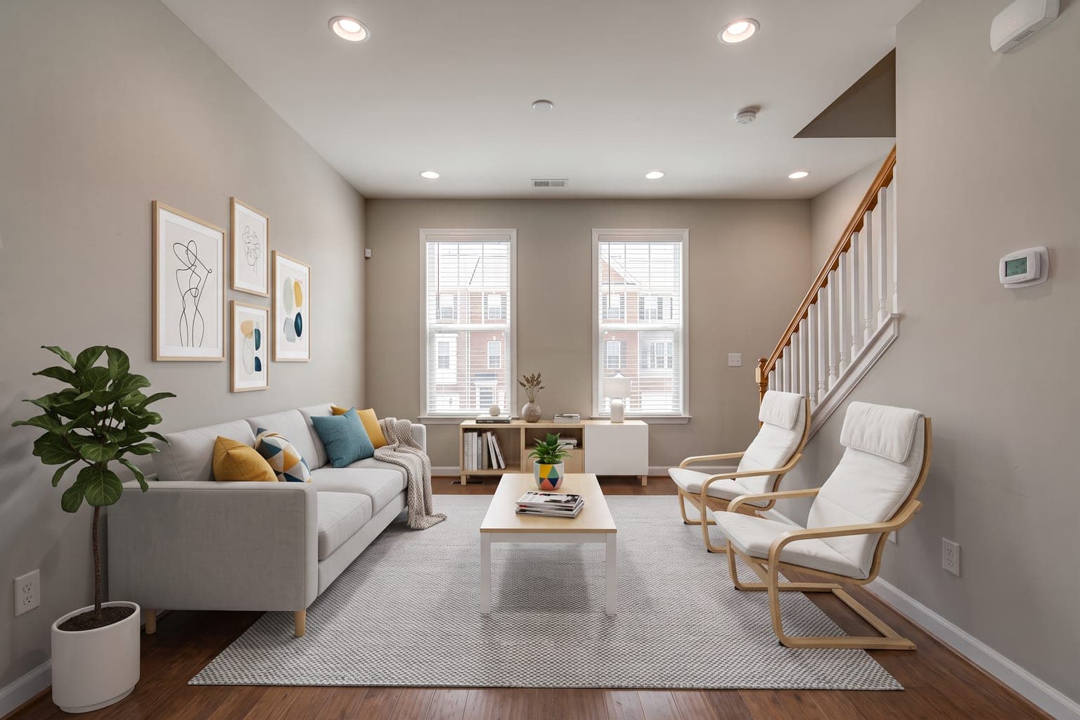 Townhouse living room virtually staged with AI in Scandinavian style - light gray sofa, white coffee table, two pale armchairs, rug and a plant