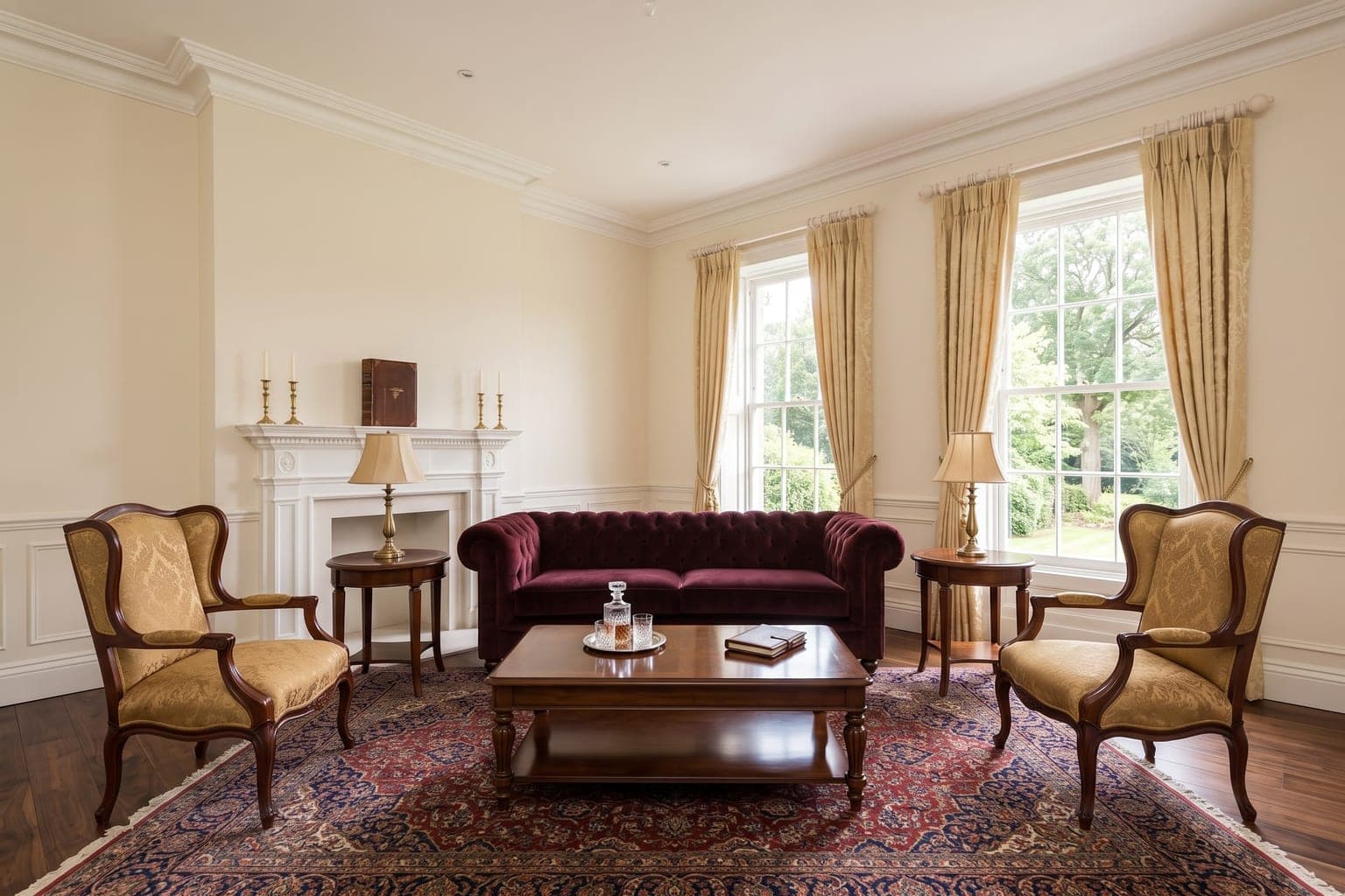 Living room virtually staged with AI in traditional style - burgundy sofa, wingback chairs, oriental rug and silk drapes