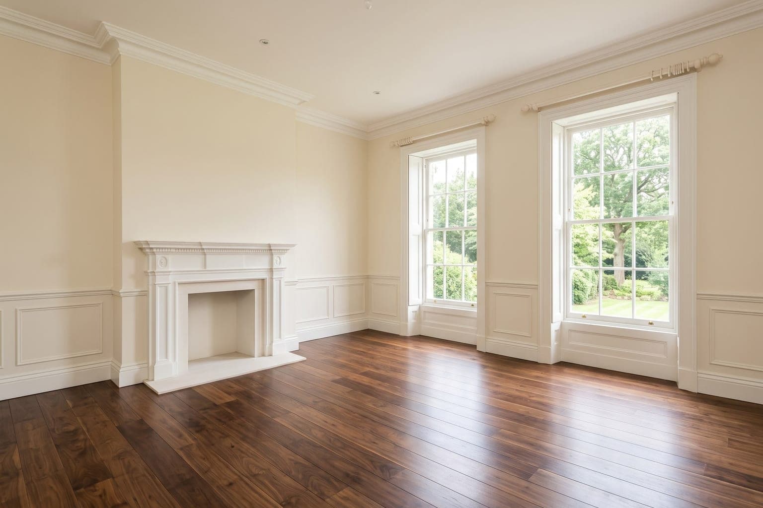 Empty living room before virtual staging - dark hardwood floor, white fireplace, wainscoting, two tall windows