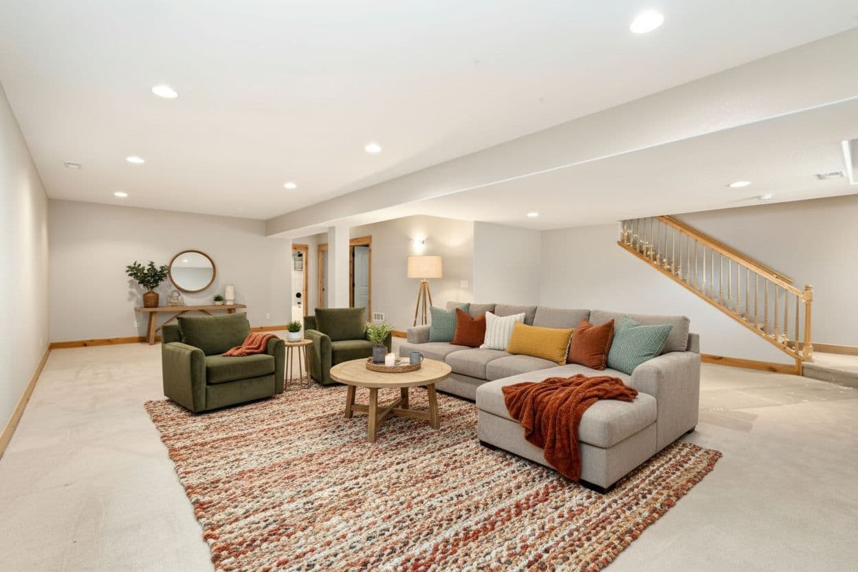 Basement virtually staged in Modern style with StageHQ AI virtual staging