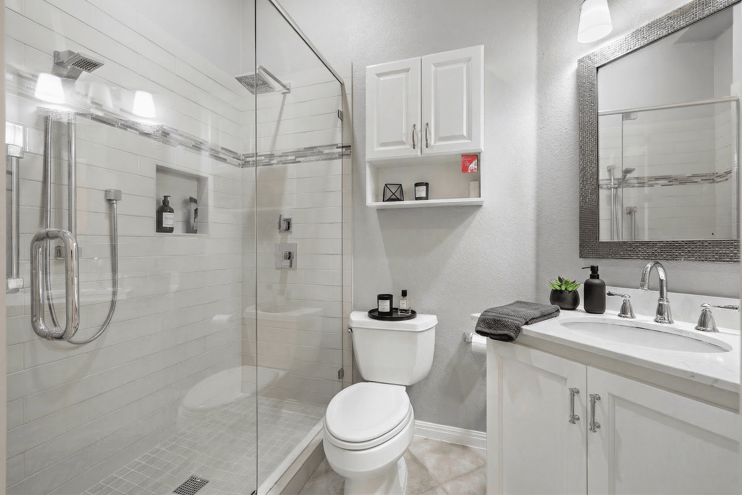 Bathroom virtually staged in Contemporary style with StageHQ AI virtual staging