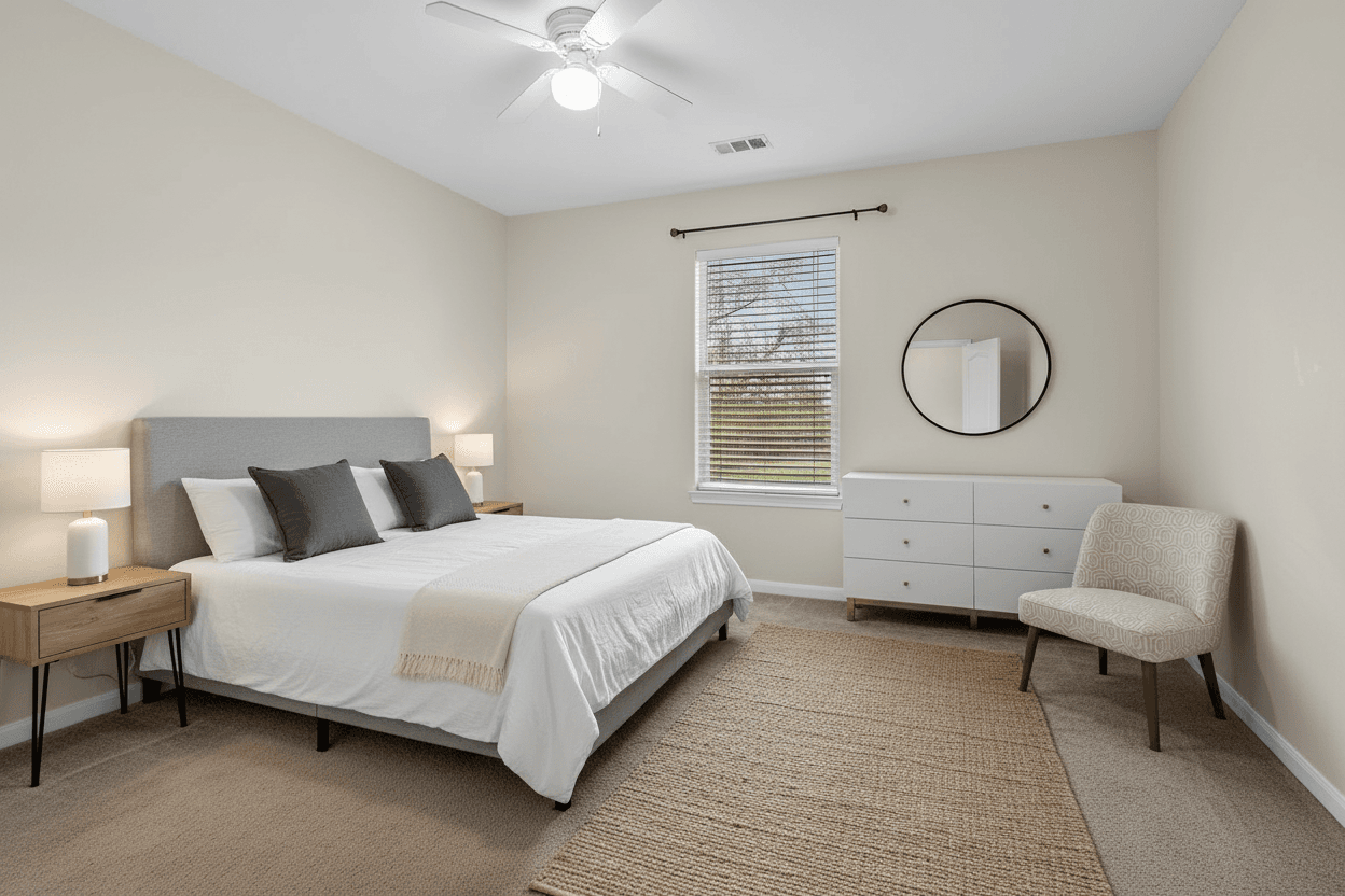 Bedroom virtually staged in Modern style with StageHQ AI virtual staging