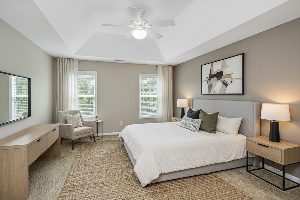 Bedroom virtually staged in Modern style with StageHQ AI virtual staging