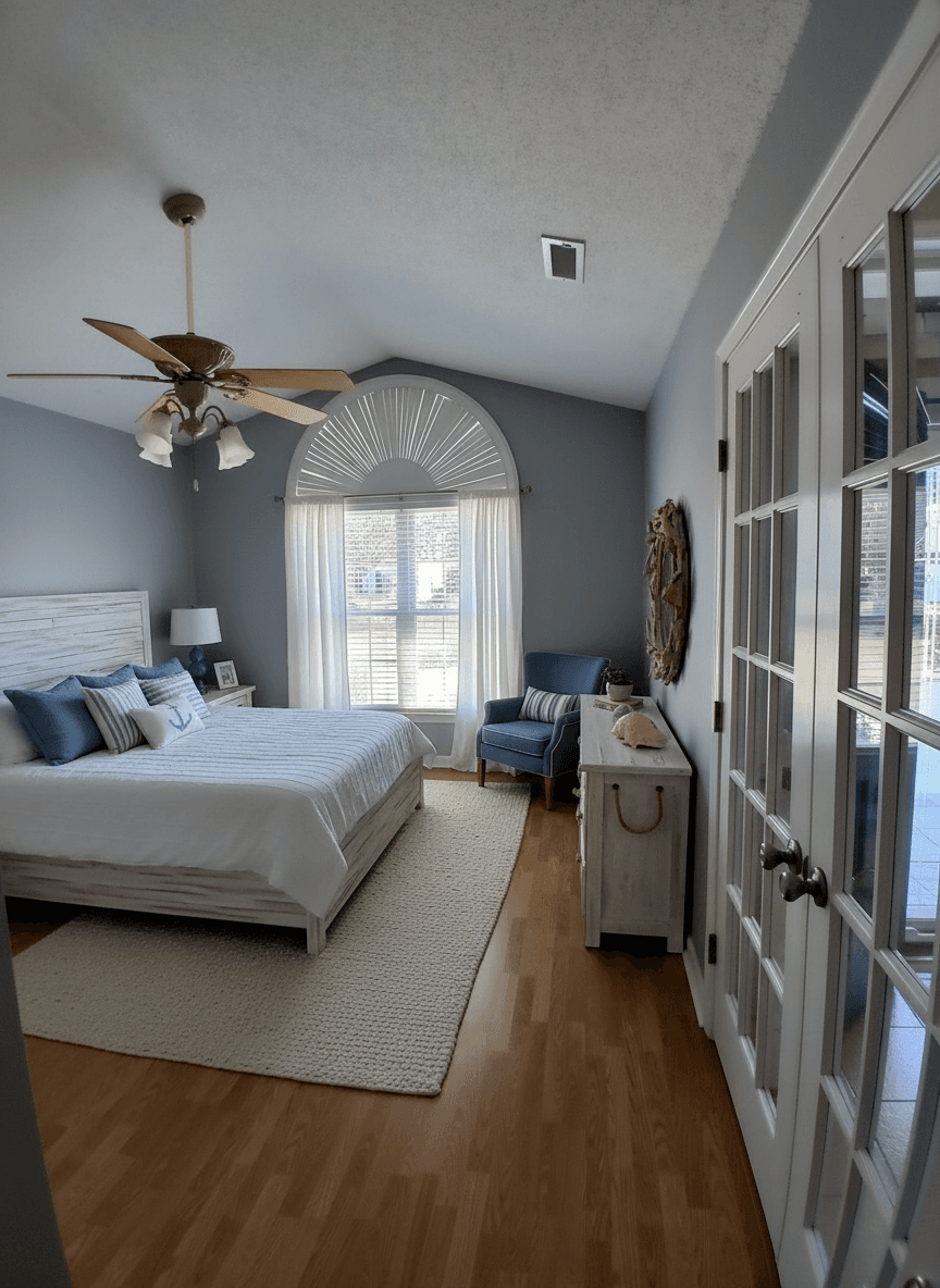 Bedroom virtually staged in Coastal style with StageHQ AI virtual staging
