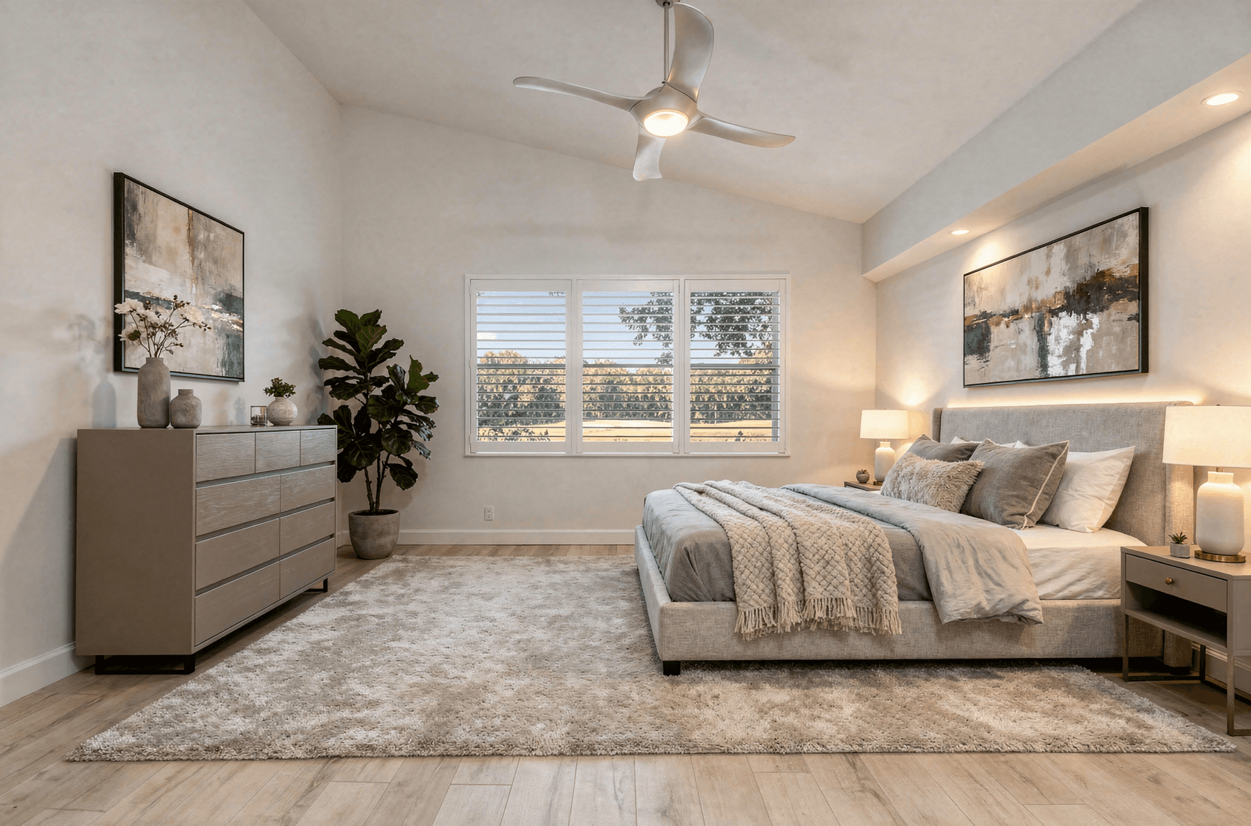 Bedroom virtually staged in Modern style with StageHQ AI virtual staging
