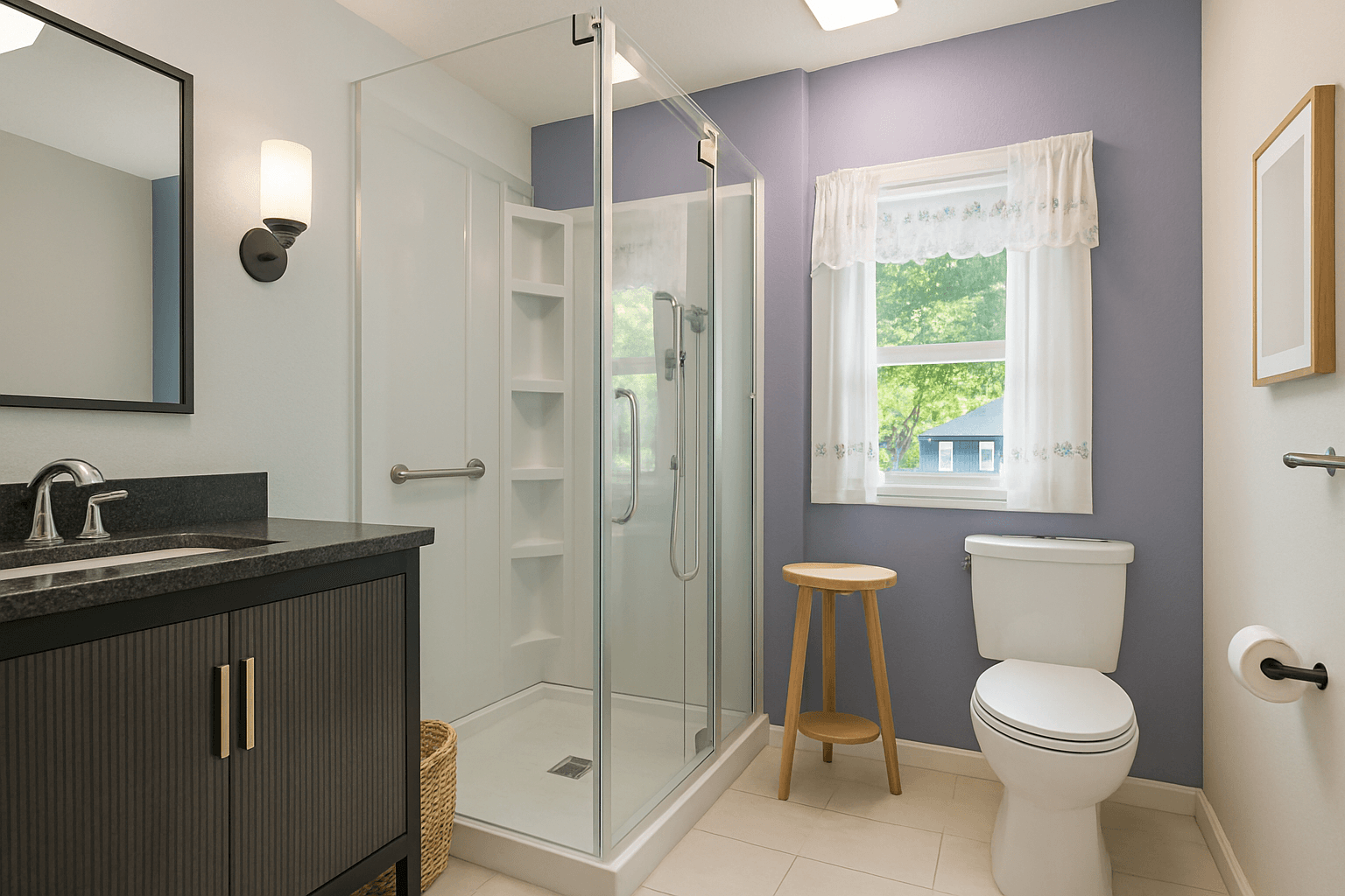 Bathroom virtually staged in Modern style with StageHQ AI virtual staging