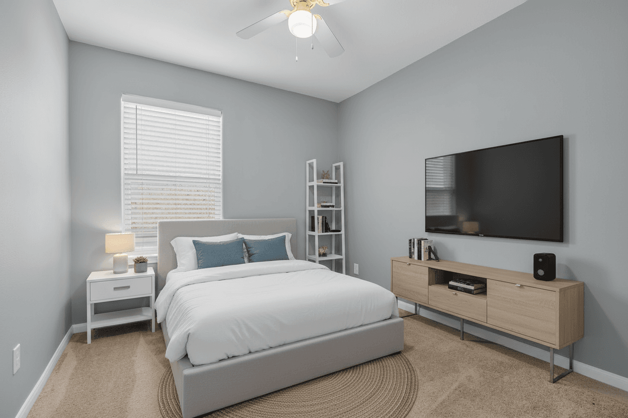 Bedroom virtually staged in Modern style with StageHQ AI virtual staging