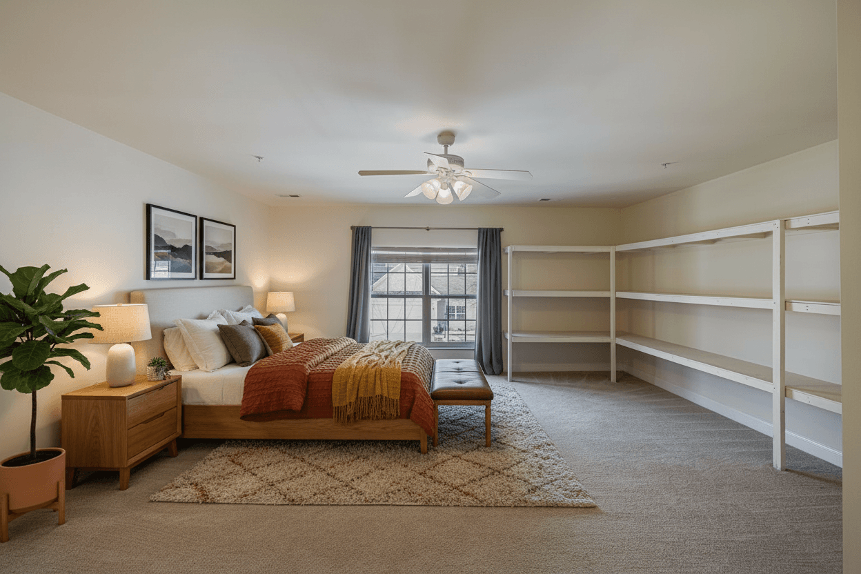 Bedroom virtually staged in Modern style with StageHQ AI virtual staging