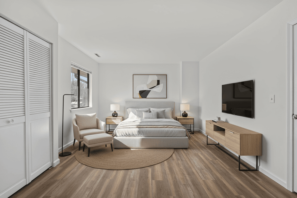 Bedroom virtually staged in Modern style with StageHQ AI virtual staging