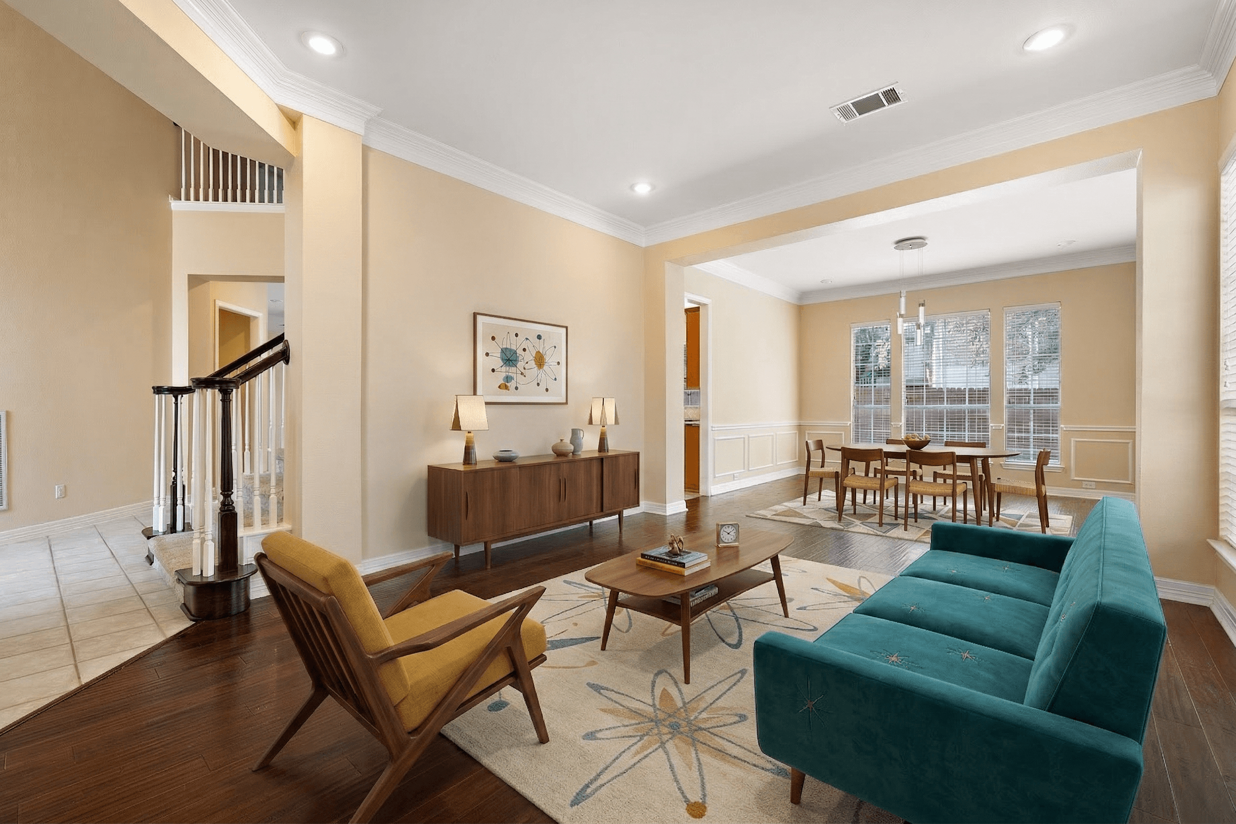 Living Room virtually staged in Mid-Century Modern style with StageHQ AI virtual staging