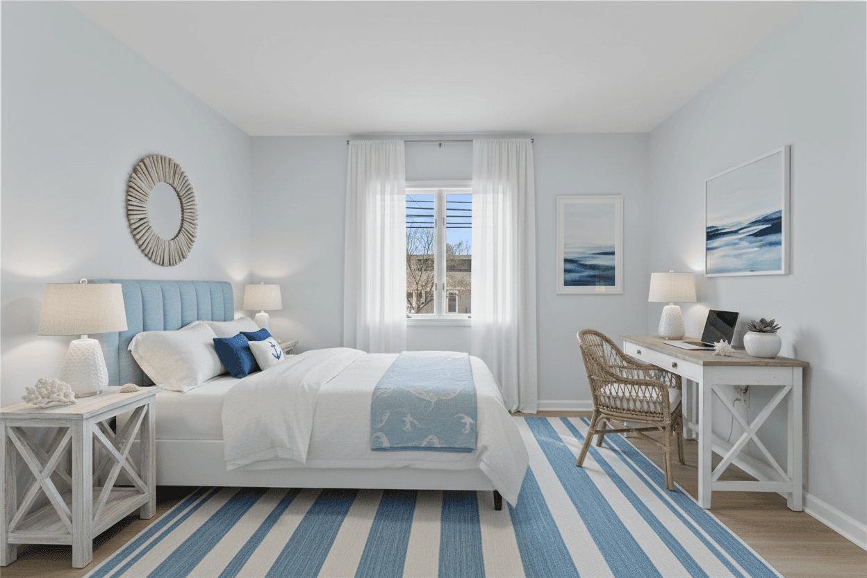 Home Office virtually staged in Coastal style with StageHQ AI virtual staging