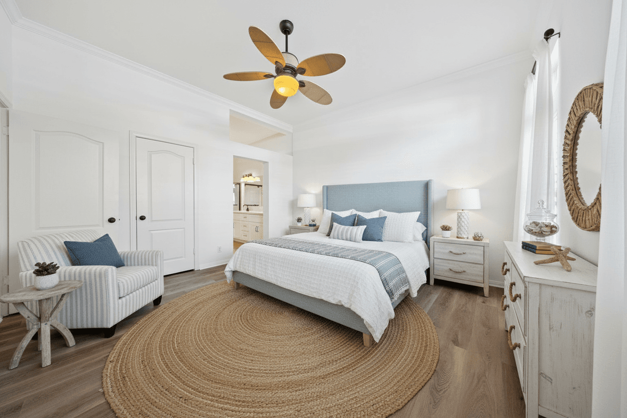 Bedroom virtually staged in Coastal style with StageHQ AI virtual staging