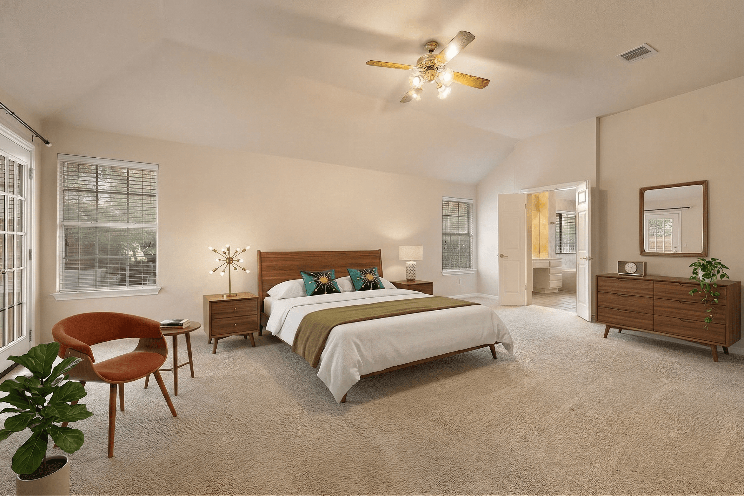 Bedroom virtually staged in Mid-Century Modern style with StageHQ AI virtual staging