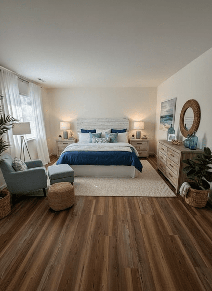 Bedroom virtually staged in Coastal style with StageHQ AI virtual staging