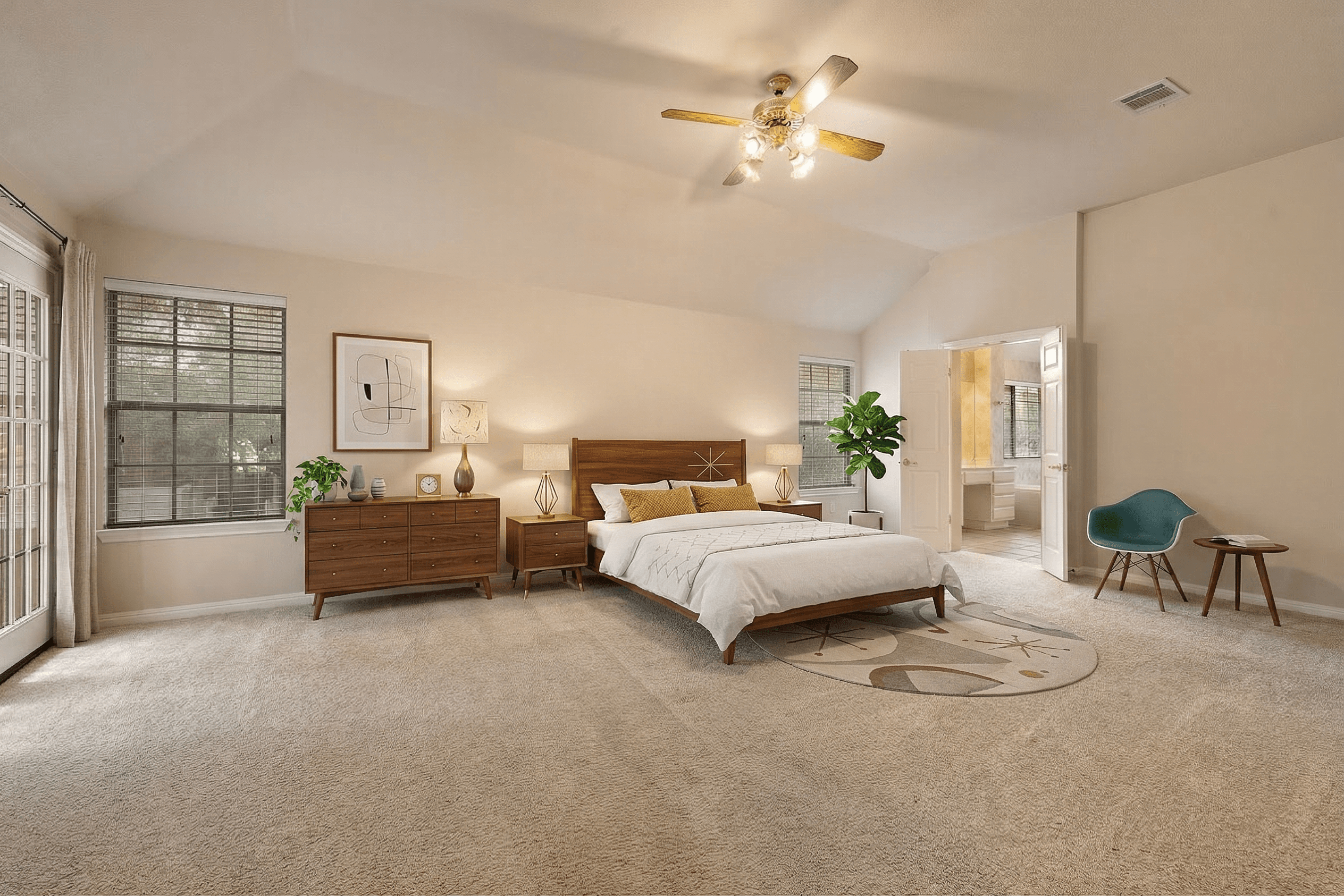 Bedroom virtually staged in Mid-Century Modern style with StageHQ AI virtual staging