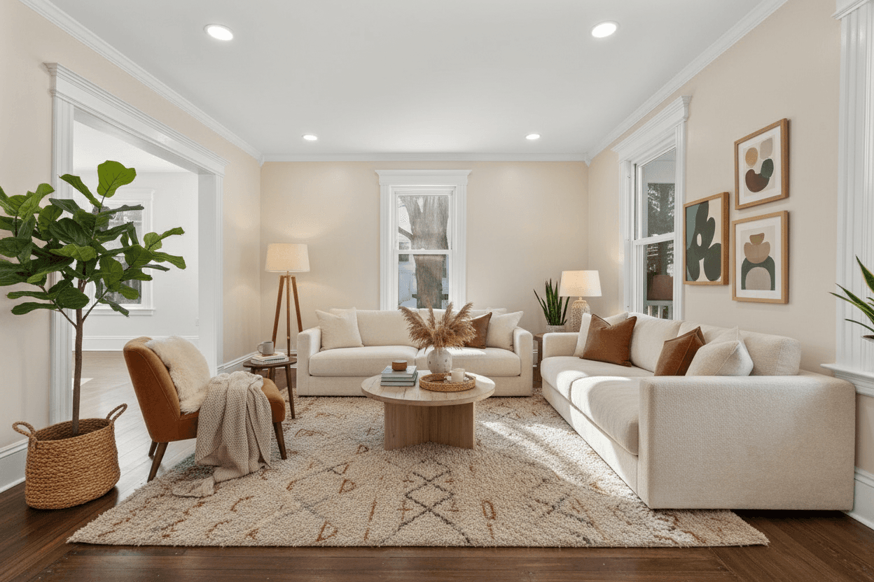 Living Room virtually staged in Modern style with StageHQ AI virtual staging