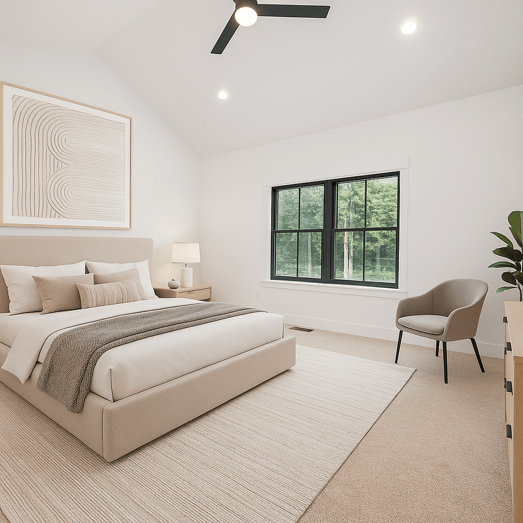 Bedroom virtually staged in Modern style with StageHQ AI virtual staging