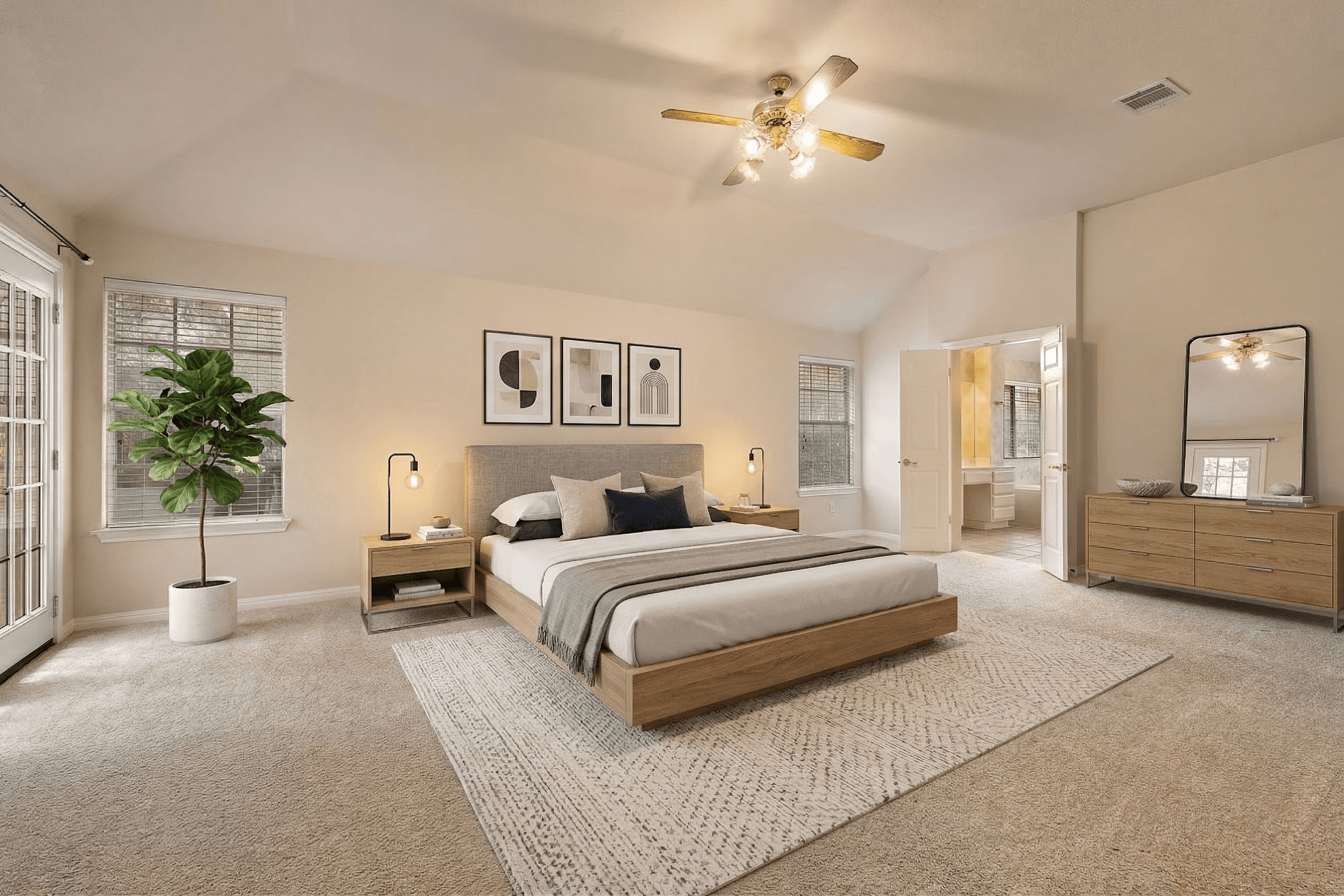 Bedroom virtually staged in Modern style with StageHQ AI virtual staging