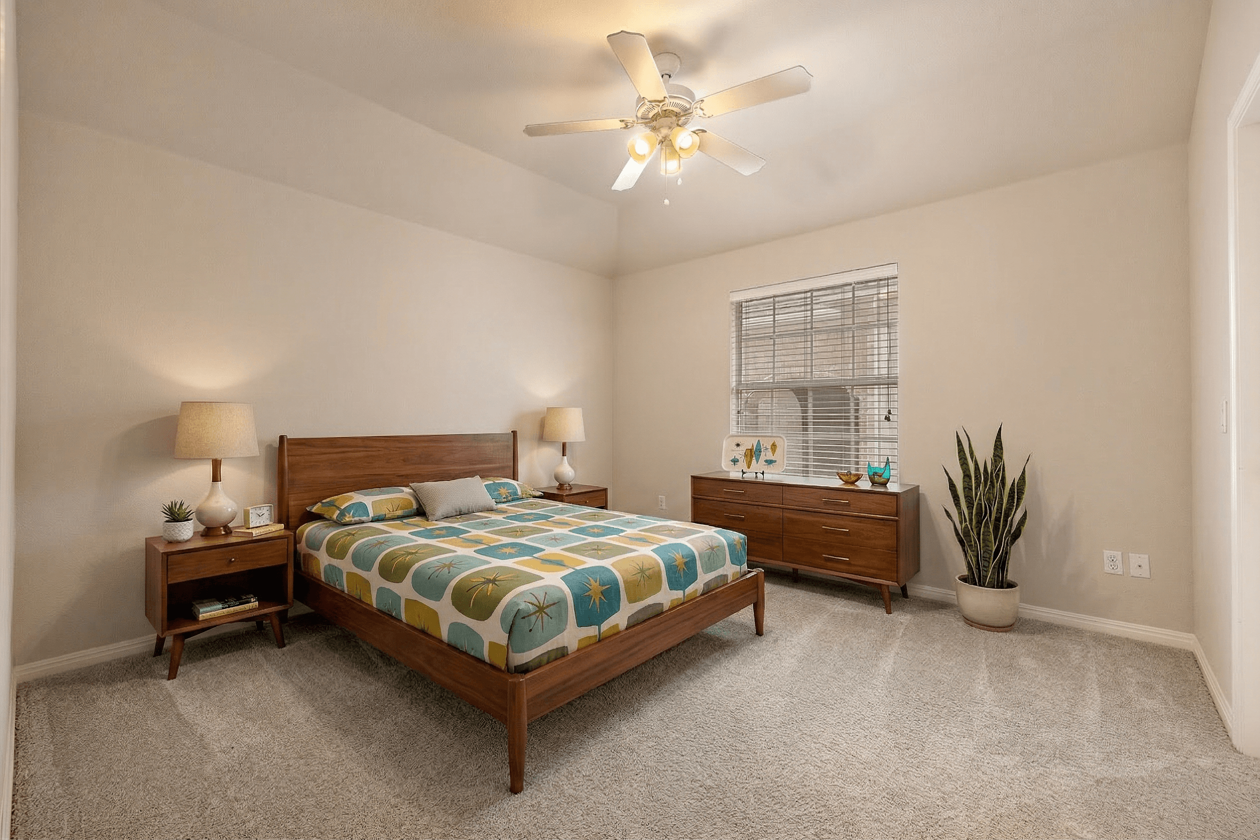 Bedroom virtually staged in Mid-Century Modern style with StageHQ AI virtual staging