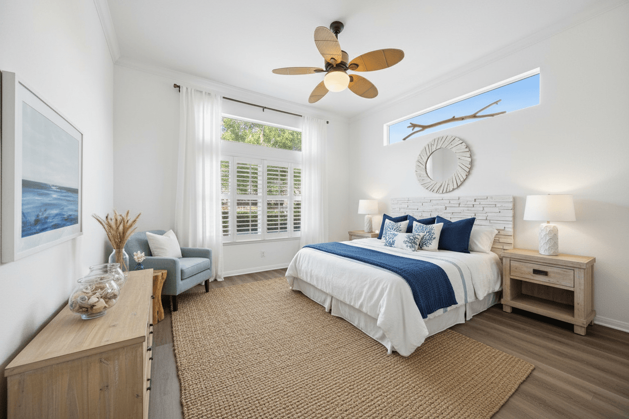 Bedroom virtually staged in Coastal style with StageHQ AI virtual staging