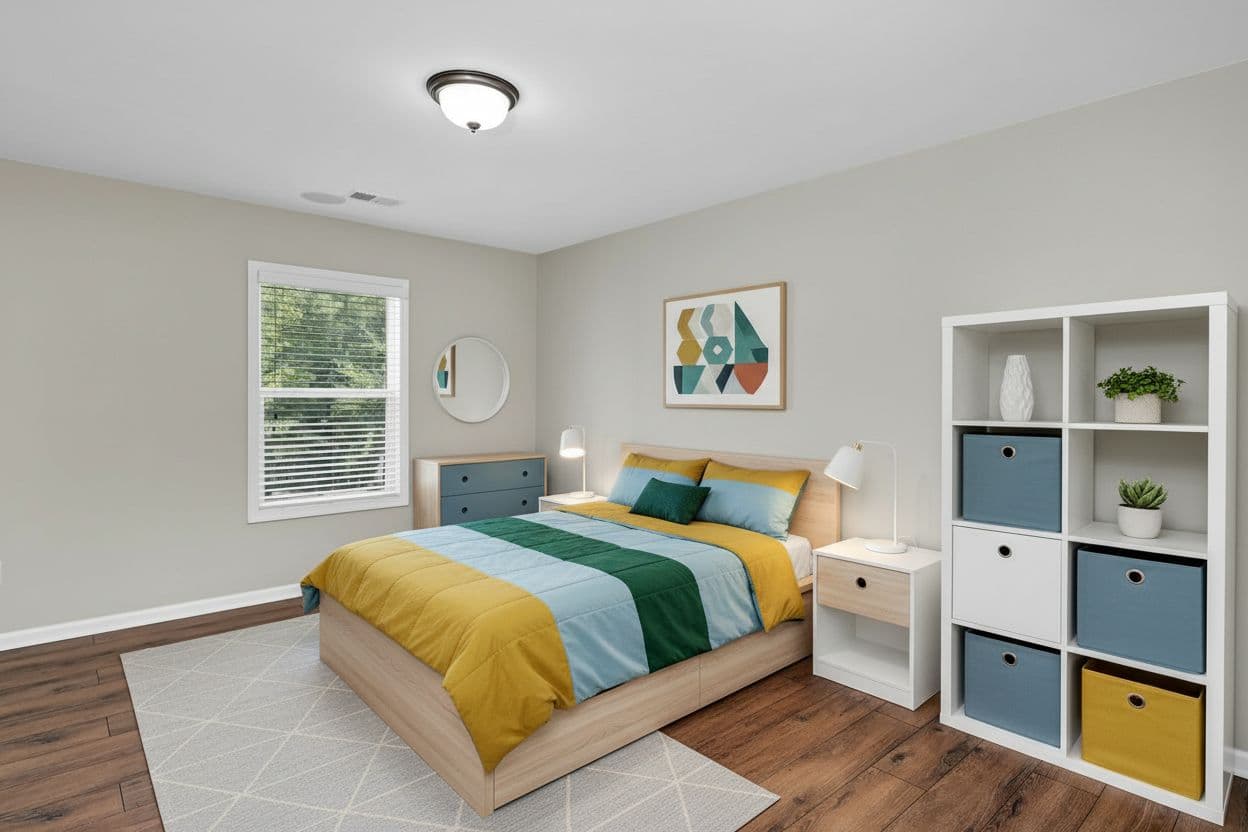 Bedroom virtually staged in Scandinavian style with StageHQ AI virtual staging