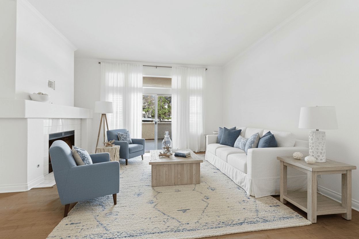 Living Room virtually staged in Coastal style with StageHQ AI virtual staging