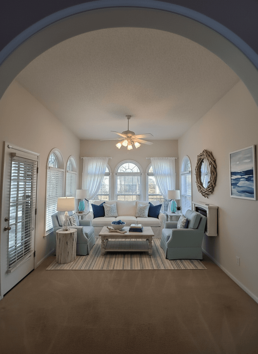 Living Room virtually staged in Coastal style with StageHQ AI virtual staging