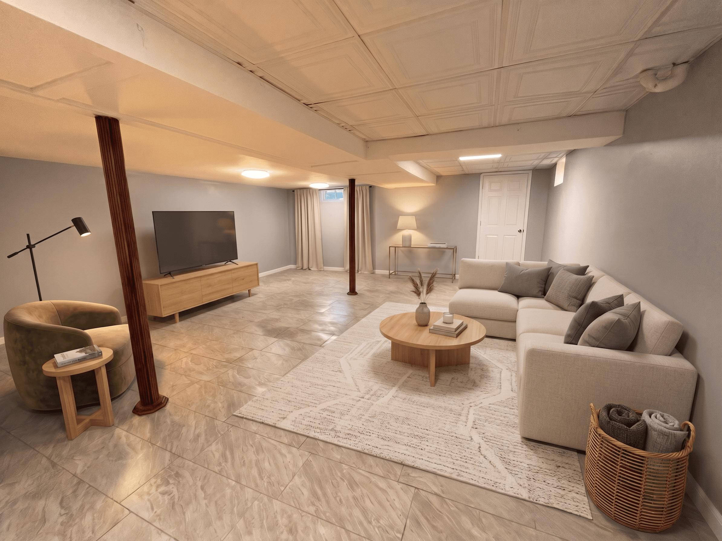 Basement virtually staged in Modern style with StageHQ AI virtual staging