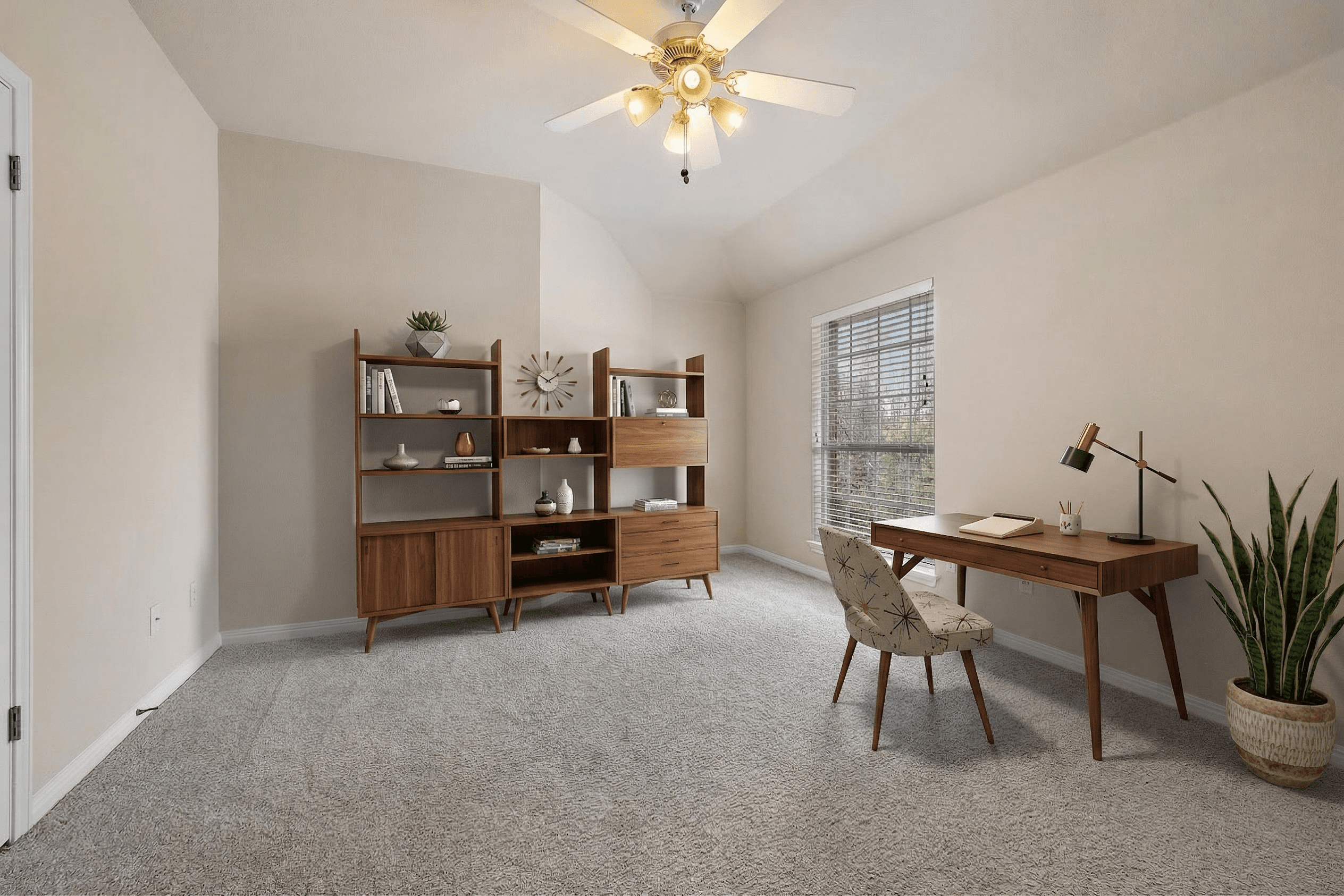Office virtually staged in Mid-Century Modern style with StageHQ AI virtual staging