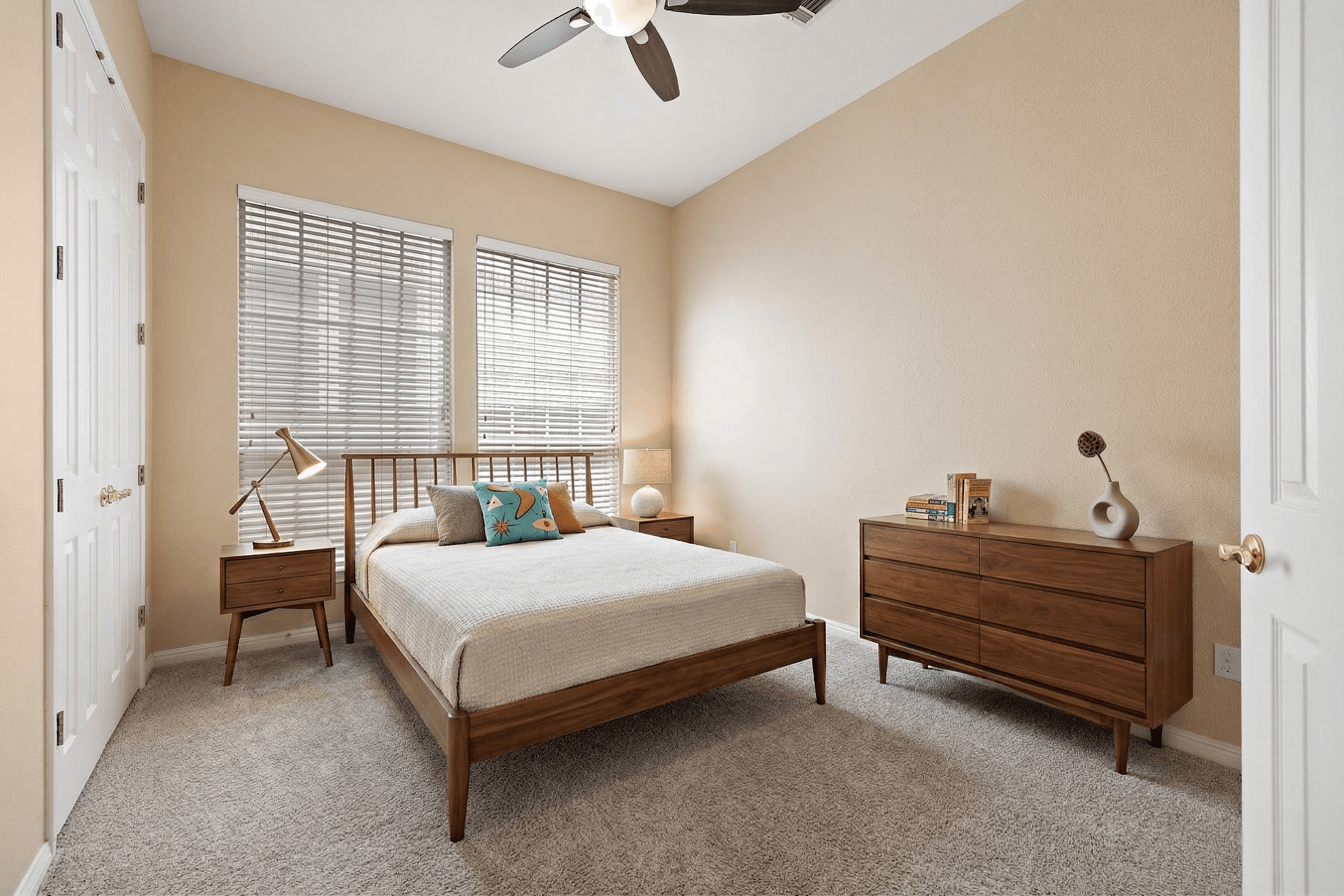 Bedroom virtually staged in Mid-Century Modern style with StageHQ AI virtual staging