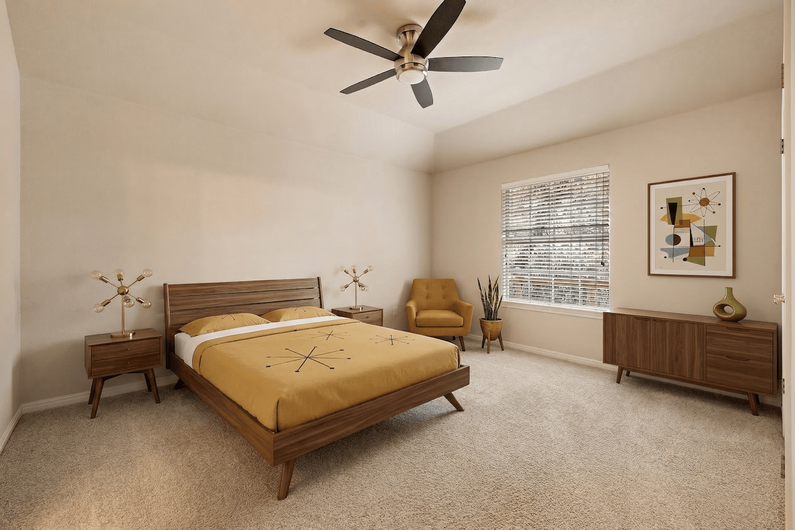 Bedroom virtually staged in Mid-Century Modern style with StageHQ AI virtual staging