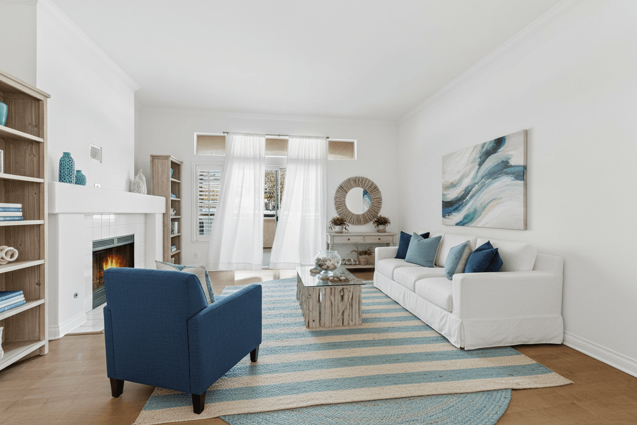 Living Room virtually staged in Coastal style with StageHQ AI virtual staging