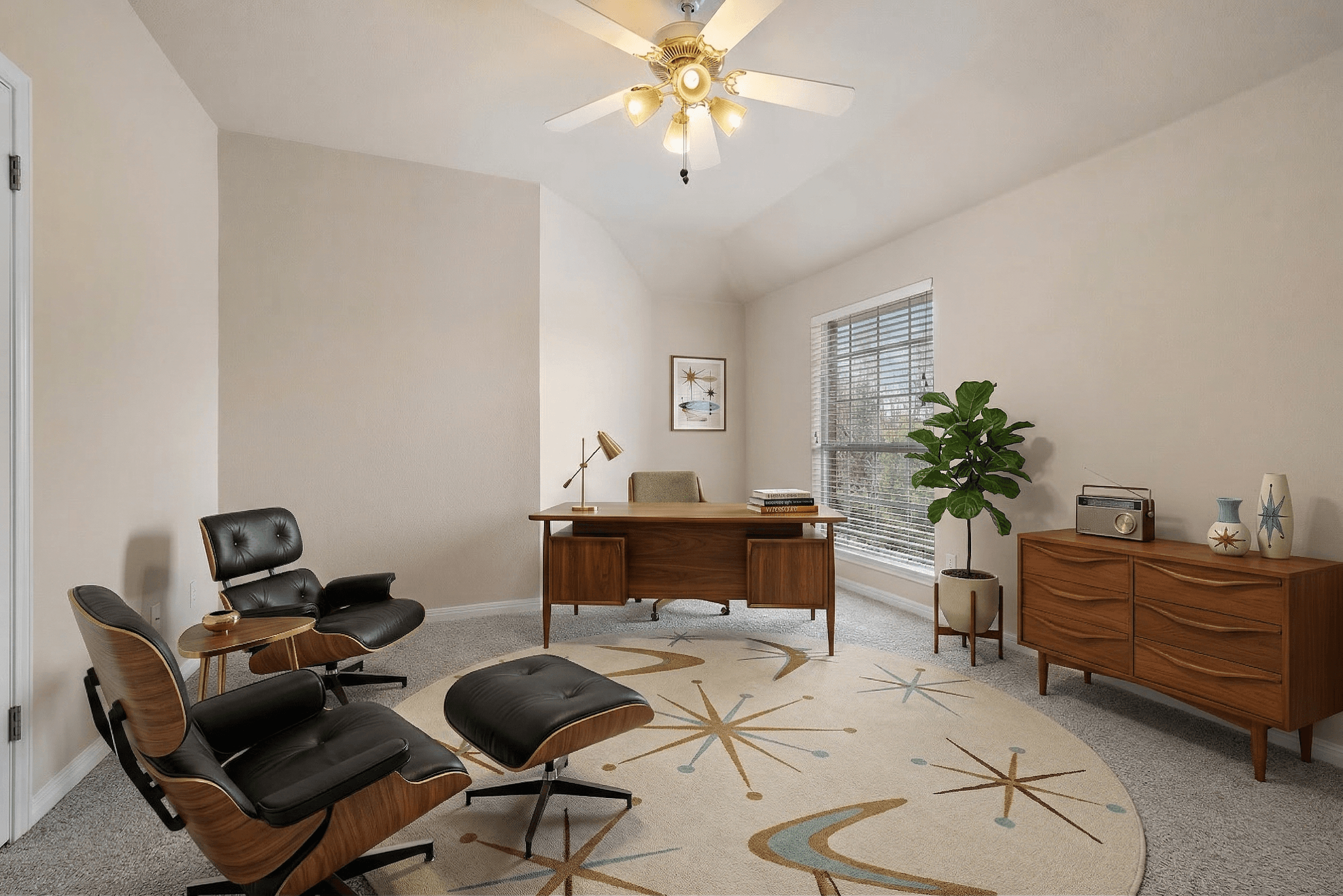 Office virtually staged in Mid-Century Modern style with StageHQ AI virtual staging