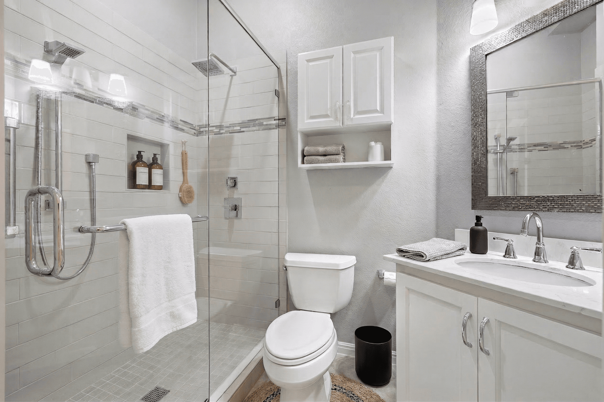 Bathroom virtually staged in Modern style with StageHQ AI virtual staging