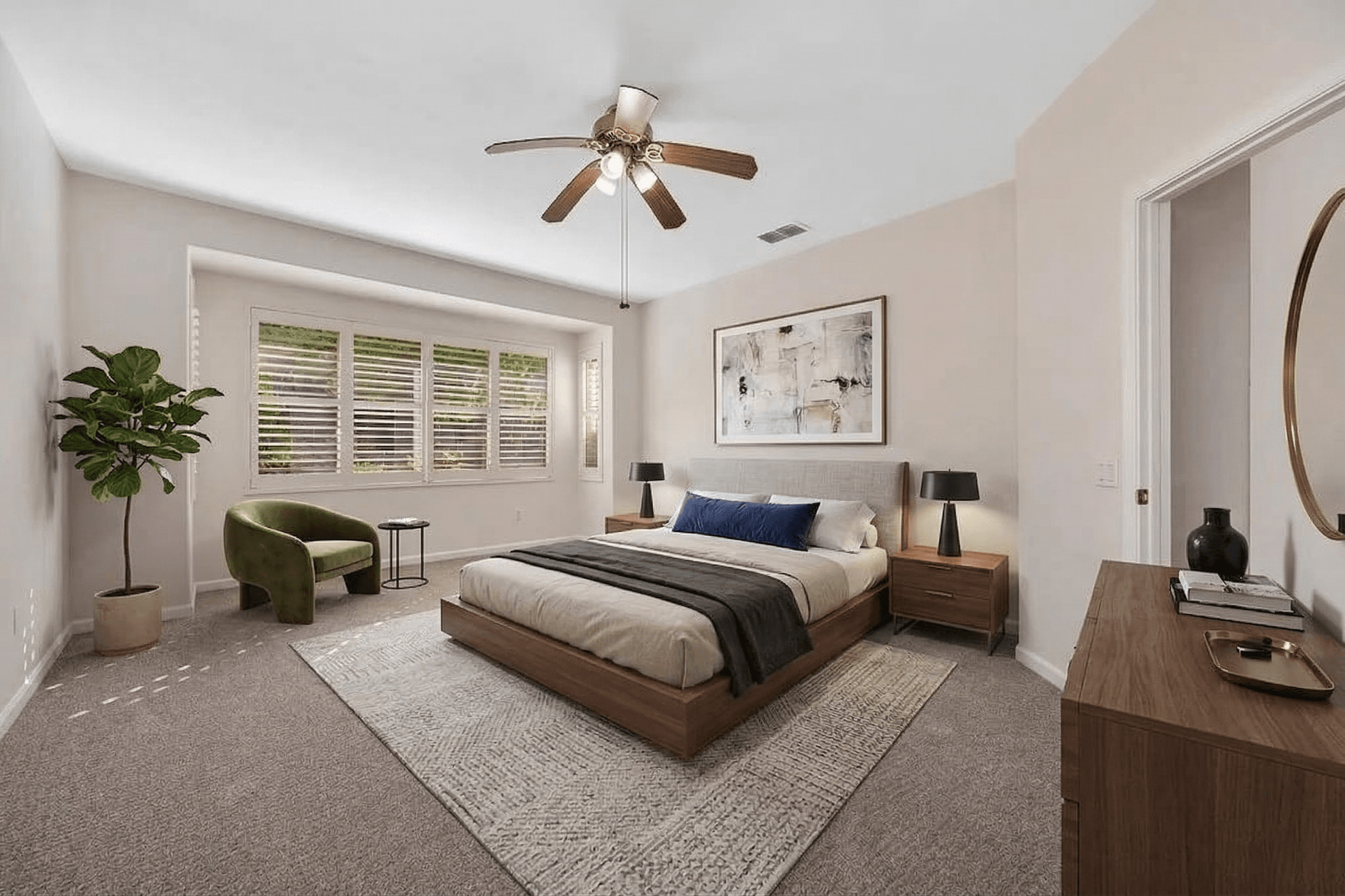 Bedroom virtually staged in Contemporary style with StageHQ AI virtual staging