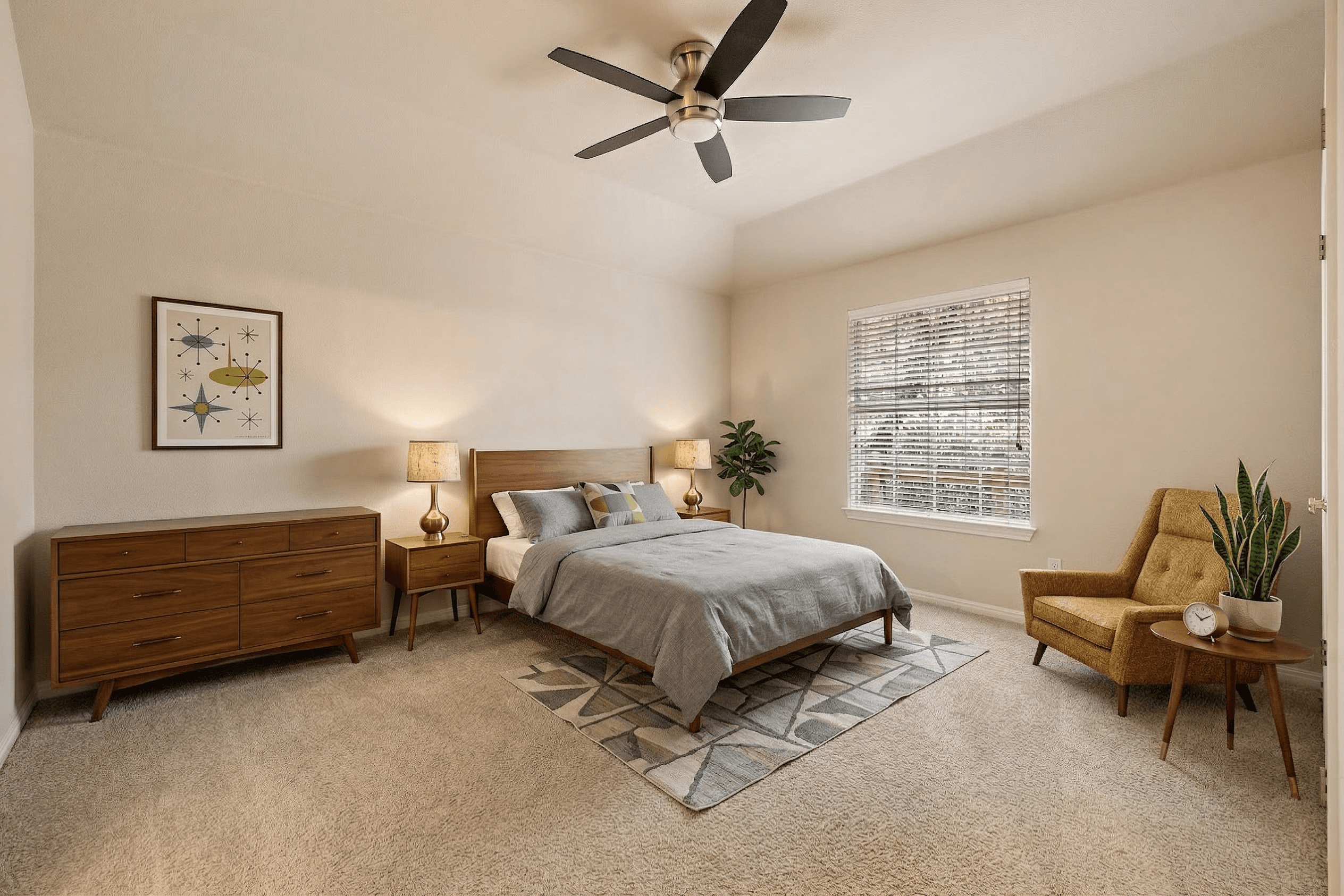 Bedroom virtually staged in Mid-Century Modern style with StageHQ AI virtual staging